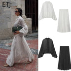 ETJ Women's Polka Dot Blouse Skirt Set 2026 Spring High Neck Batwing Sleeve Sheer Front Tie Bow Midi A-Line Dress Set - Matrix-studios.com