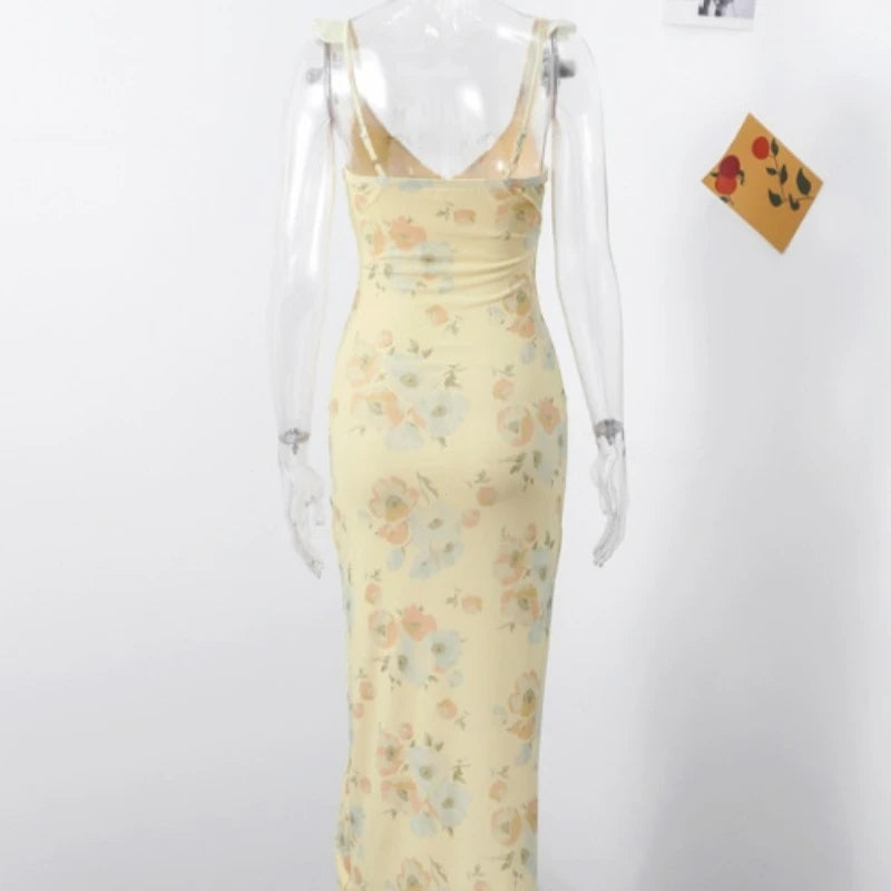 Summer Flower Printed Women's Sexy Low-cut Dress Sleeveless Backless Slim Sling Dresses 2025 Beach Vacation Lady Vestidos - Matrix-studios.com