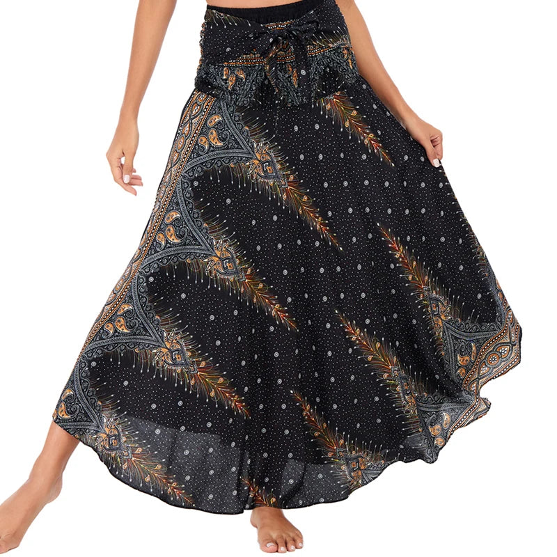 Boho Skirts Women Rayon Beach Long Dress Summer Bohemian Jupe Longue Femme Elastic Waist Print Floral Bandage Halter Hippie - Matrix Studios