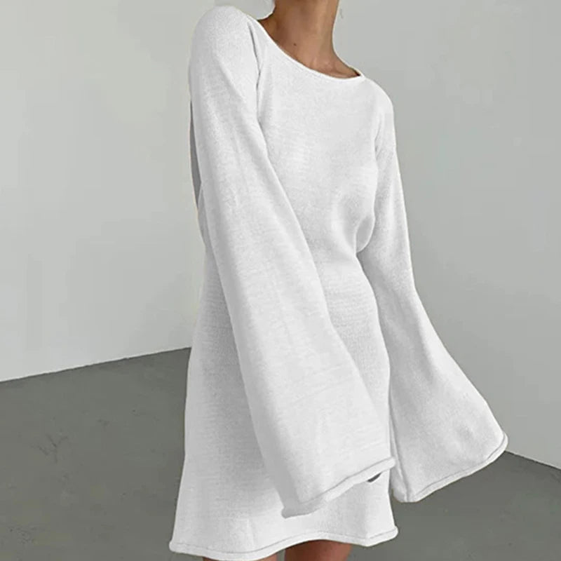 New sexy Backless Round Collar Cover-Ups Solid Color Knit Beachwear Stylish Horn Sleeve Beach suit Female Holiday wrap Dress - Matrix Studios
