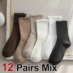 6/12 Pairs Women Solid Color Wavy Edge Mid Tube Socks Fashionable Sweet Style Breathable Comfortable Spring Summer Casual Socks - Matrix Studios