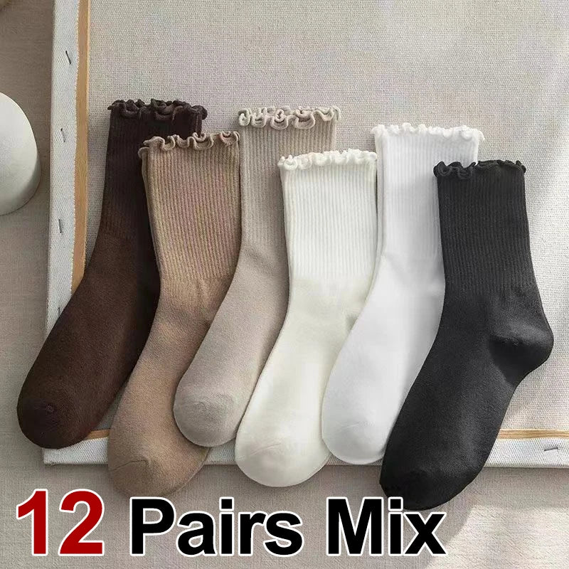 6/12 Pairs Women Solid Color Wavy Edge Mid Tube Socks Fashionable Sweet Style Breathable Comfortable Spring Summer Casual Socks - Matrix Studios