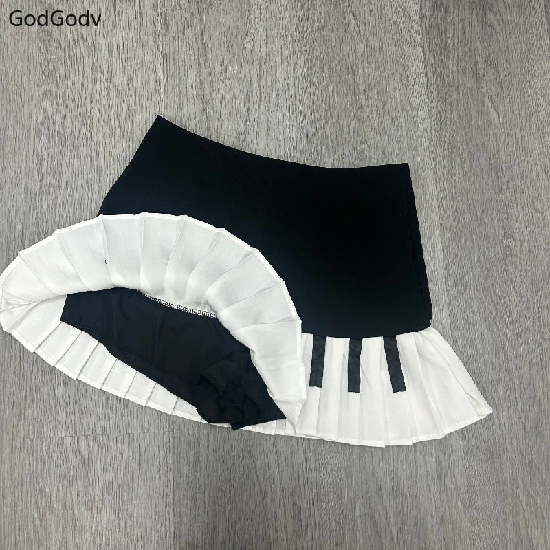 Spring Black White Spliced Women Short Skirt 2025 Y2k Slim Design Harajuku Mini Skirt Female Empire Korea Style Chic Piano Skirt - Matrix-studios.com