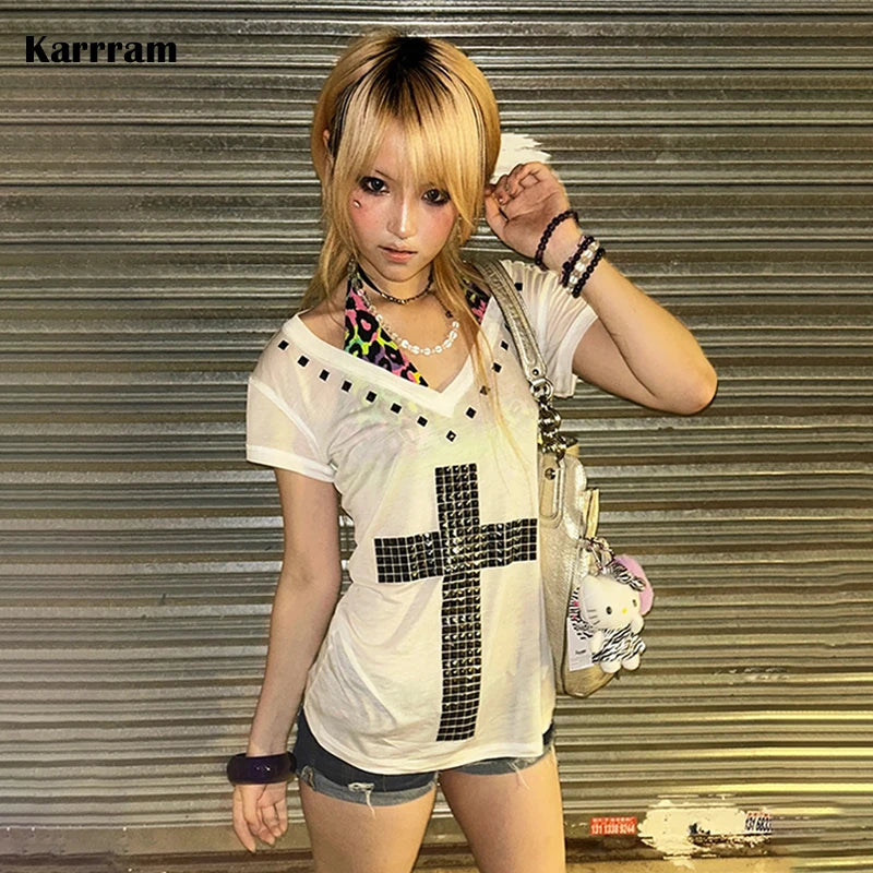 Karrram Japanese Y2k Metal Cross Print T-shirt Vintage Harajuku Short Sleeve Sheer Tops Trashy 2000s V-neck Streetwear Grunge - Matrix-studios.com