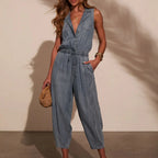 Women Jumpsuits Sleeveless Denim Pants One Piece Drawstring Pockets Rompers Solid Spliced Casual Button Jeans Overalls - Matrix Studios