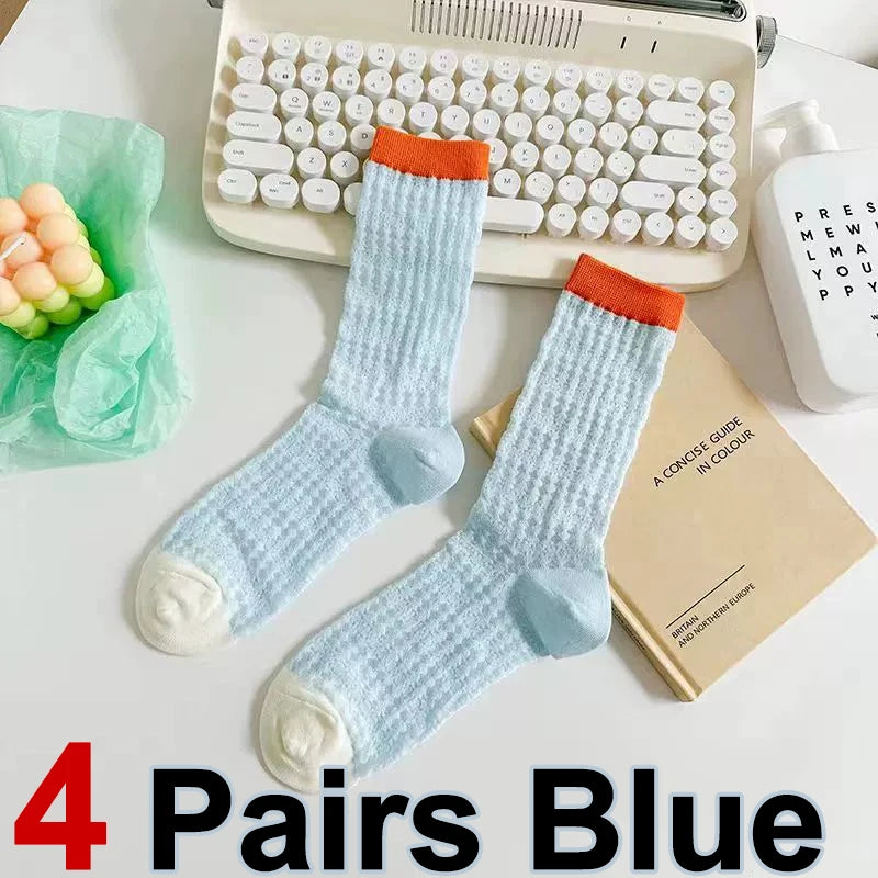 4/8 Pairs Women Solid Color Striped calf Socks Fashion Korean Version Simple Spring Summer Breathable Comfortable Stacking Socks - Matrix Studios