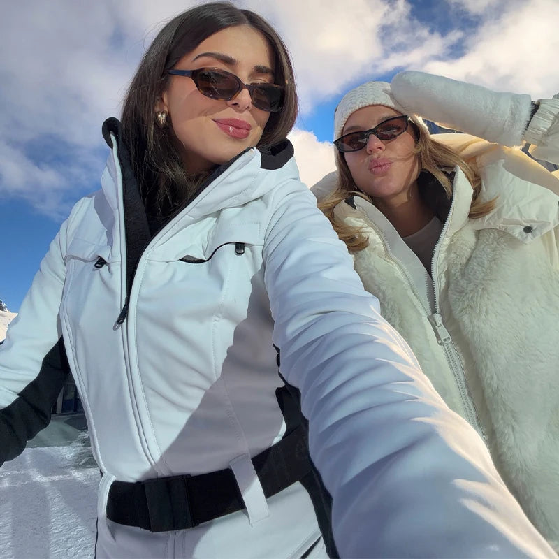Fur-Trimmed Hooded Belted One-Piece Ski Suit Slim Windproof Water-Resistant Cuff 2025 Winter Fashion Women Fashion Snow Bodysuit - Matrix Studios