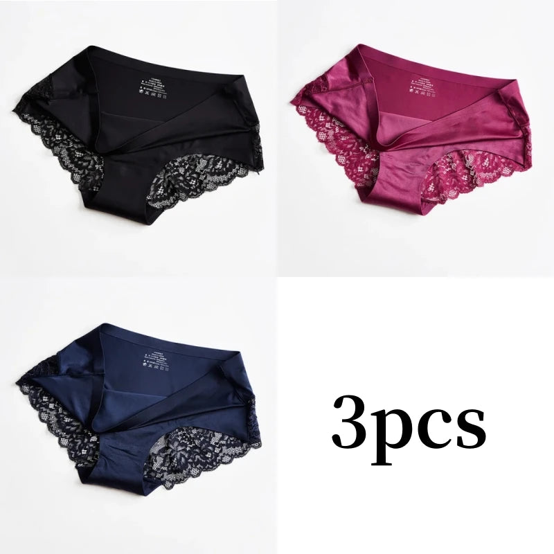 3pcs Lace Women's Panties French Seamless Underwear Female Ice Silk Briefs Solid Color Breathable Underpants Lingerie - Matrix Studios