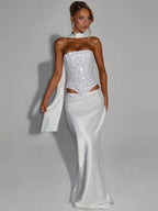 Mozision Sequins Sexy Dress Set Women Sparkle Scarf Collar Crop Tops And Maxi Skirt Elegant Club Party Satin Skirt Matching Set - Matrix-studios.com