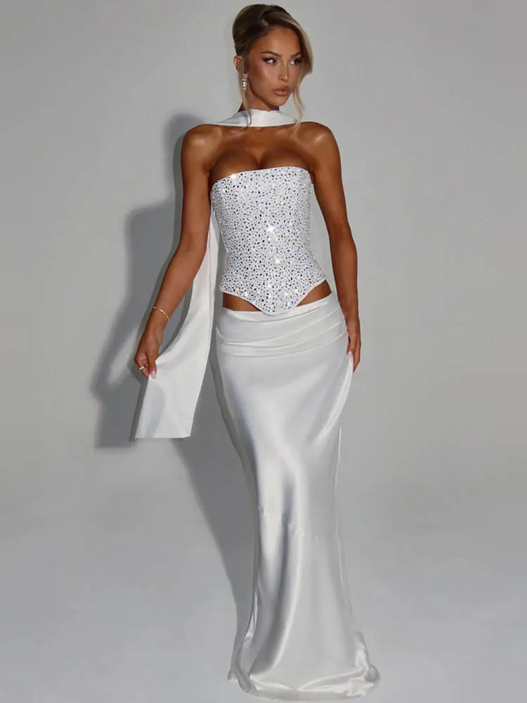 Mozision Sequins Sexy Dress Set Women Sparkle Scarf Collar Crop Tops And Maxi Skirt Elegant Club Party Satin Skirt Matching Set - Matrix-studios.com