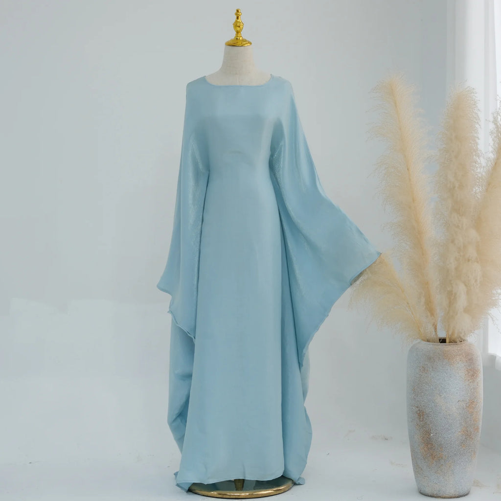 Ramadan Eid Evening Party Shiny Kaftan Dress for Women, Butterfly Sleeves Round Neck Muslim Women Abaya Dubai Islamic Clothing - Matrix-studios.com