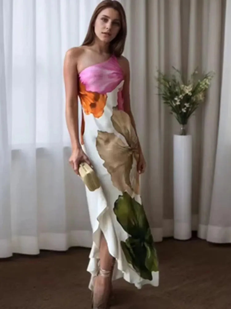 Zevity Women Sexy Single Shoulder Floral Print Slim Long Dress Female Chic Backless Side Zipper Brand Party Vestidos DS9198 - Matrix-studios.com
