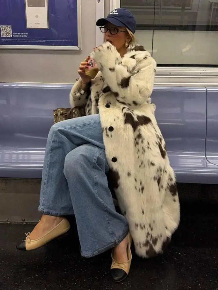 DEAT Fashion Tie Dye Faux Fur Coat Women's Lapel Loose Long Sleeves Plush Thick Overcoat Winter New 7A1355 - Matrix Studios