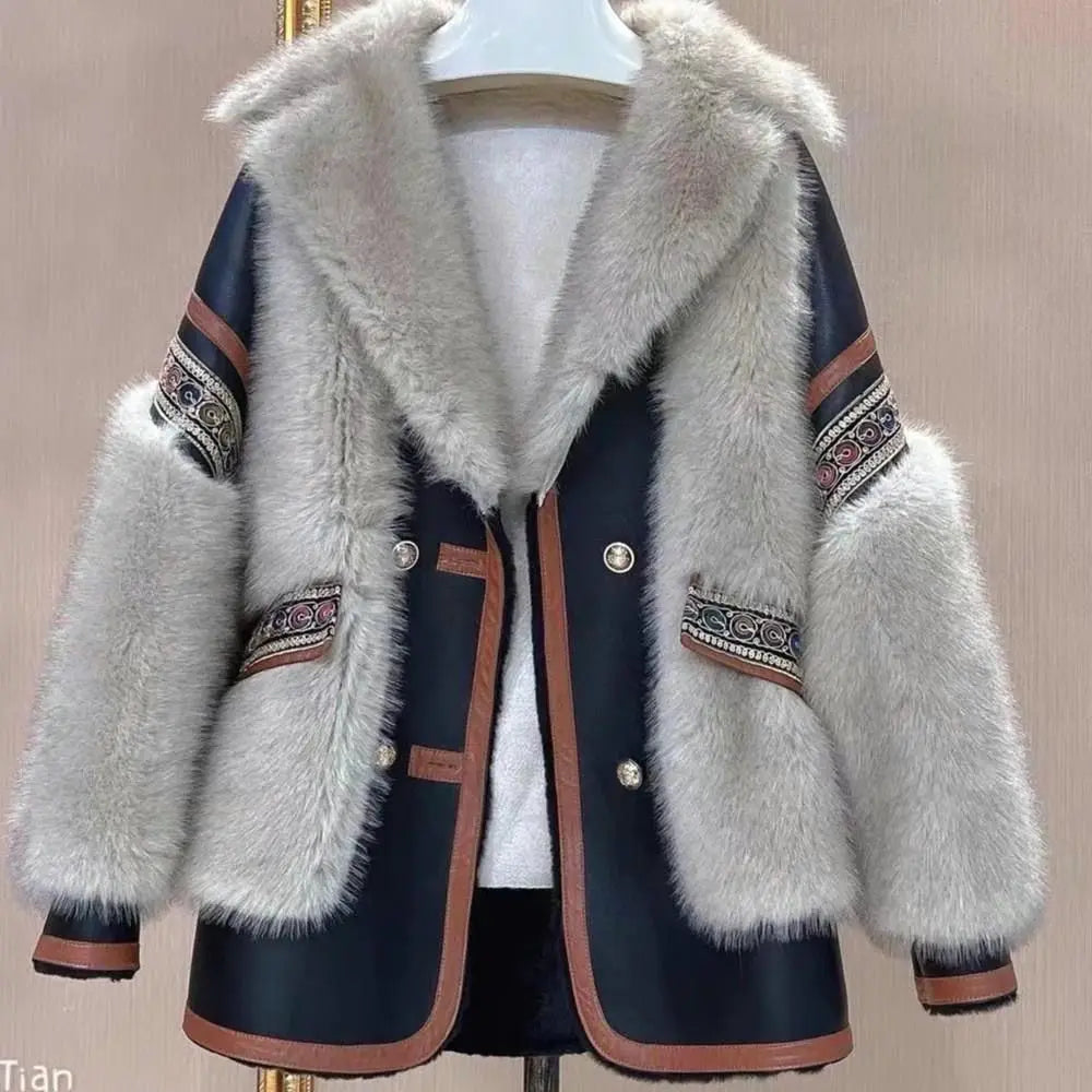 Ethnic Winter Faux Fox Fur PU Splice Coat Turn Down Collar Imitation Mink Fur Faux Leather Jacket Warm Furry Parka Cardigan Tops - Matrix Studios