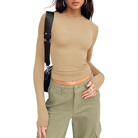 1pcs Four Seasons Fashion Senior Women T-shirt Long Sleeve Crew Neck Solid Slim Fit Tee Ladies Crop Top  Daily Streetwear Camis - Matrix-studios.com