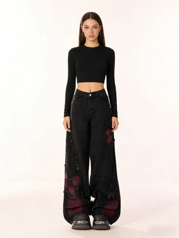Women's Baggy Butterfly Jeans Vintage 90s Aesthetic Cowboy Pants Harajuku Oversize Denim Trousers Y2k 2000s Black Gothic Clothes - Matrix-studios.com