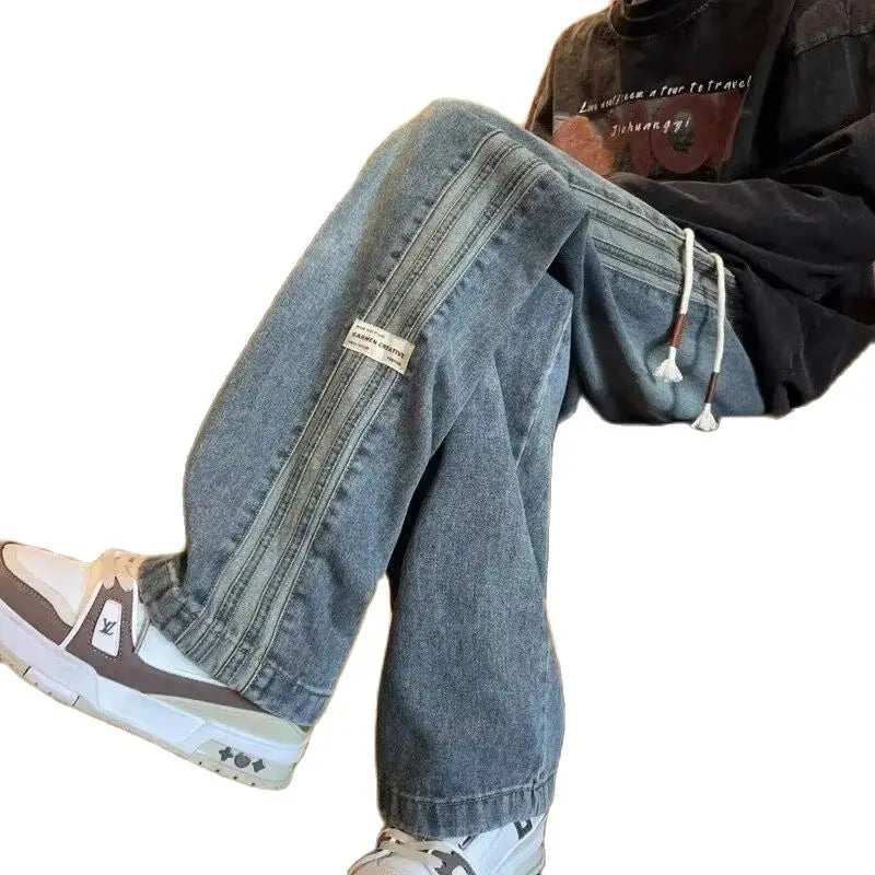 Three bar American retro jeans men's spring and autumn new style high street elastic waist loose casual men's straight leg long - Matrix Studios
