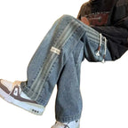 Three bar American retro jeans men's spring and autumn new style high street elastic waist loose casual men's straight leg long - Matrix Studios