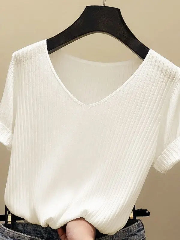 AOSSVIAO 2026 Basic V-neck Solid Thin Summer Women Pullover Female Thin Knitted Ribbed Sweater Slim Short Sleeve Bodycon Sweater - Matrix-studios.com