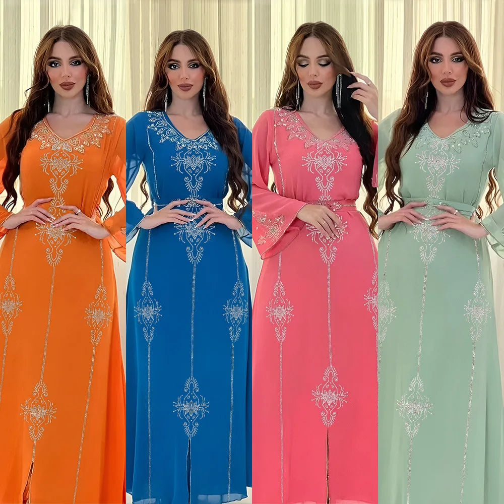 Polyester Muslim Abaya for Women Summer Elegant Orange Blue Pink Green Muslim Women Long Sleeve V-neck Polyester Long Abaya - Matrix-studios.com