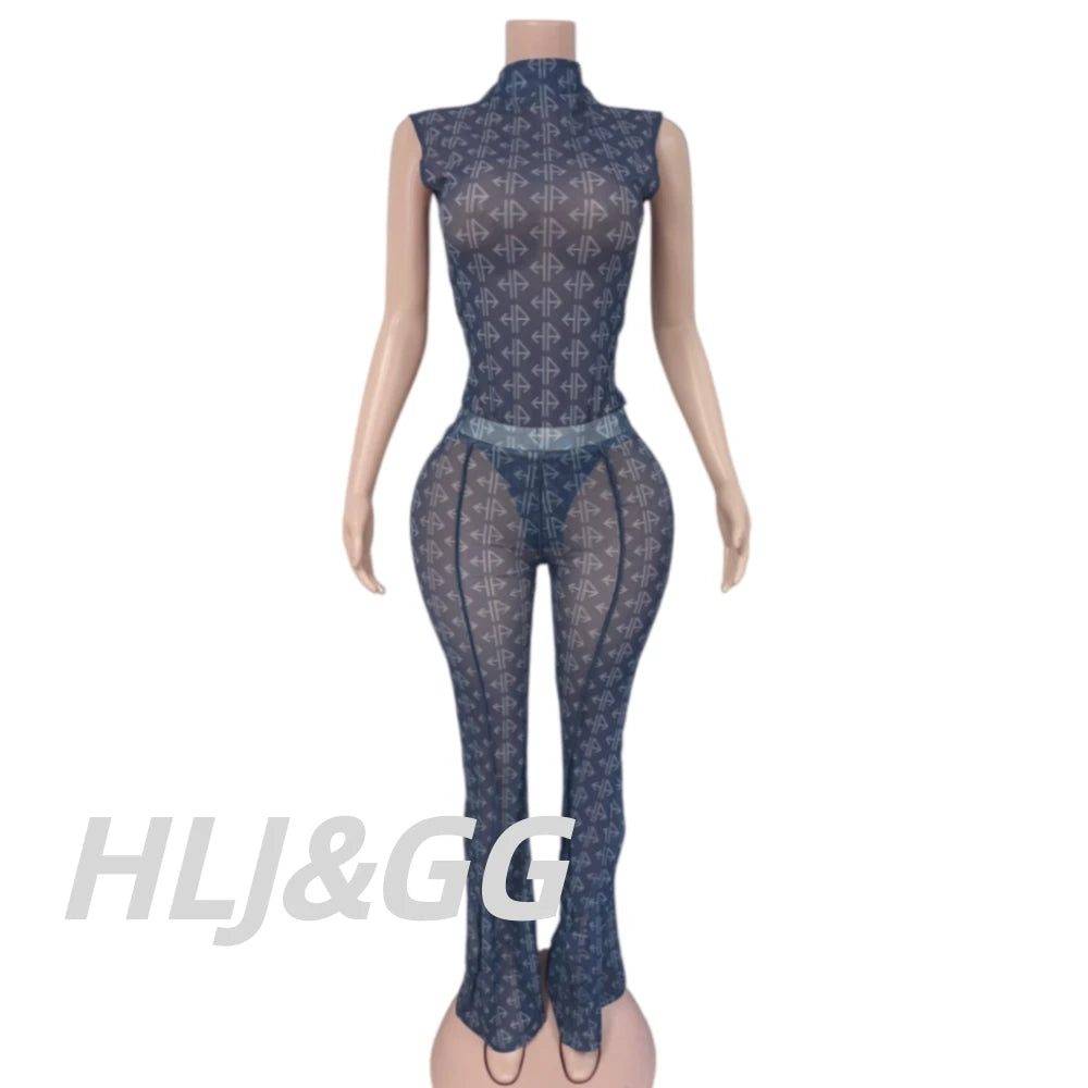 HLJ Y2K Sheer Mesh Print Two Piece Set Women Sleeveless High Neck Top + Flare Leg Pants Night Club Streetwear Matching Outfit - Matrix-studios.com