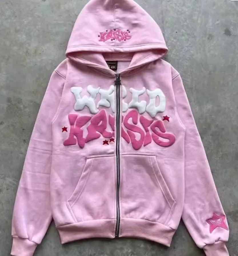 Zipper hooded sweatshirt with retro American letters suitable for men and women wearing Y2K jacket autumn/winter cardigan - Matrix Studios