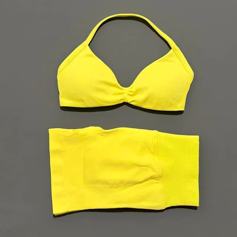 HISTELLO Gym Set 2 Piece Women Strappy Yoga Bra Top Workout Scrunch Shorts Sports Suit Fitness Clothes Seamless Yoga Set - Matrix-studios.com