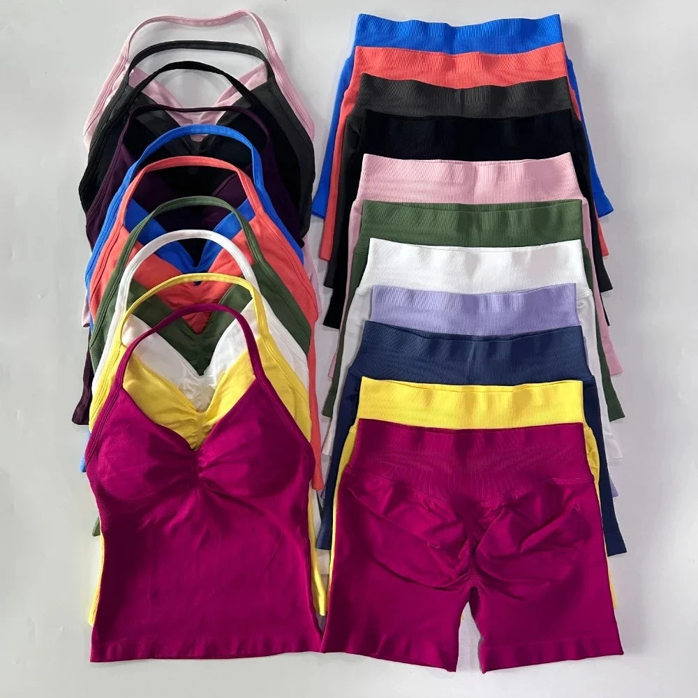 No Logo 2 Pieces Sports Set Women Backless Tank Tops High Waist Scrunch Seamless Shorts Gym Set Sportswear Workout Set Yoga - Matrix-studios.com