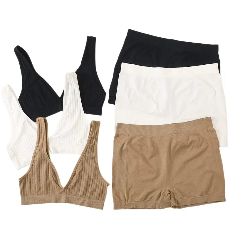 Women Seamless Bra And Panties Set Female Sport V-neck Unlined Bra High Rise Shorts Stretchy Underwear Sexy Lingerie Set - Matrix-studios.com
