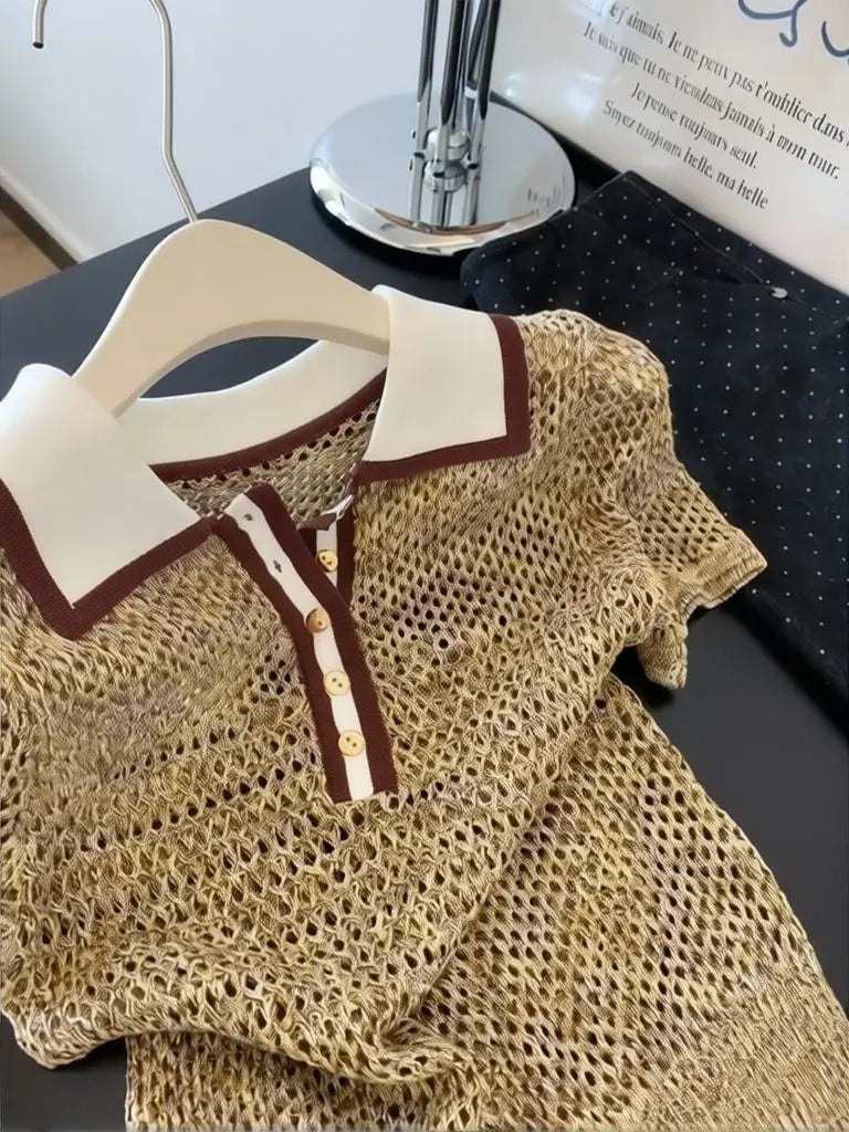 Vintage 2000s Shiny Knit Short Sleeve Tee Women Polo Neck Summer Tops Brown Hollow out Knitwear Lady Clothes Casual T-shirt - Matrix-studios.com