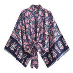 Happie Queens Floral Print Sashes Short  Kimono Women Fashion V Neck Batwing Sleeves Robe Lady Boho Bikini Cover-ups - Matrix Studios