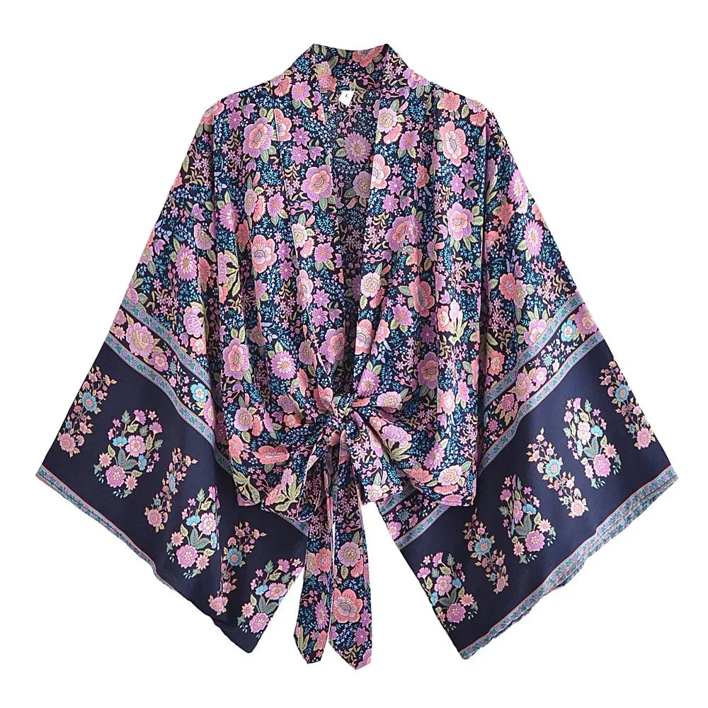 Happie Queens Floral Print Sashes Short  Kimono Women Fashion V Neck Batwing Sleeves Robe Lady Boho Bikini Cover-ups - Matrix Studios
