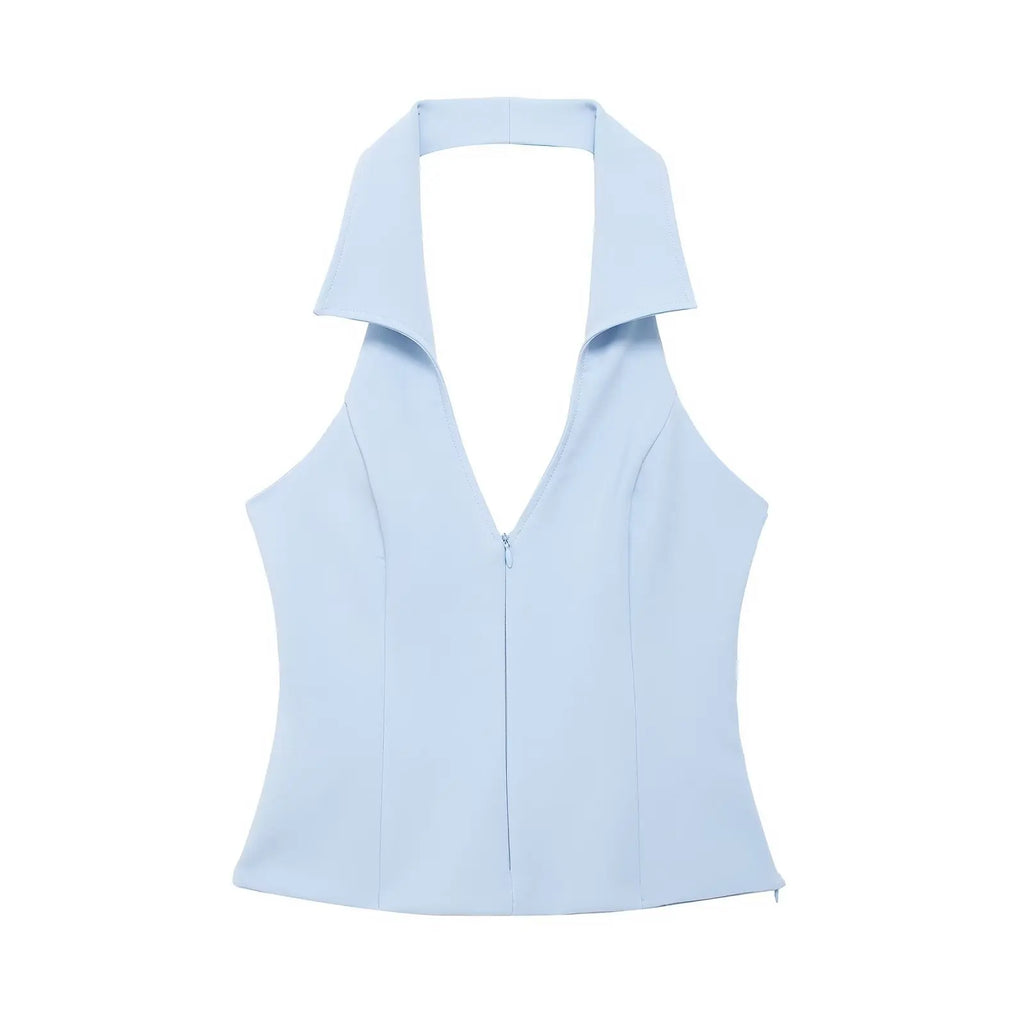 Women Summer 2 Piece Set High Waist Back Pocket Mini Skirts Shorts Sexy V-Neck Sleeveless Backless Suspender Zipper Top - Matrix-studios.com