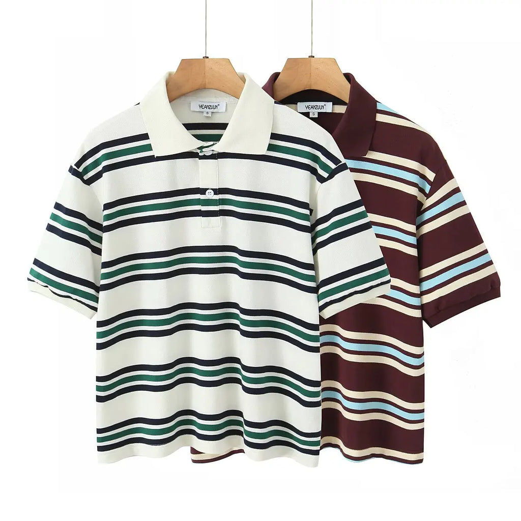 Summer Ladies Polo Shirts Woman Shorts Short Sleeve Brown Striped Vintage Clothes Polo Shirts Mujer Streetwear Crop Tops Casual - Matrix-studios.com