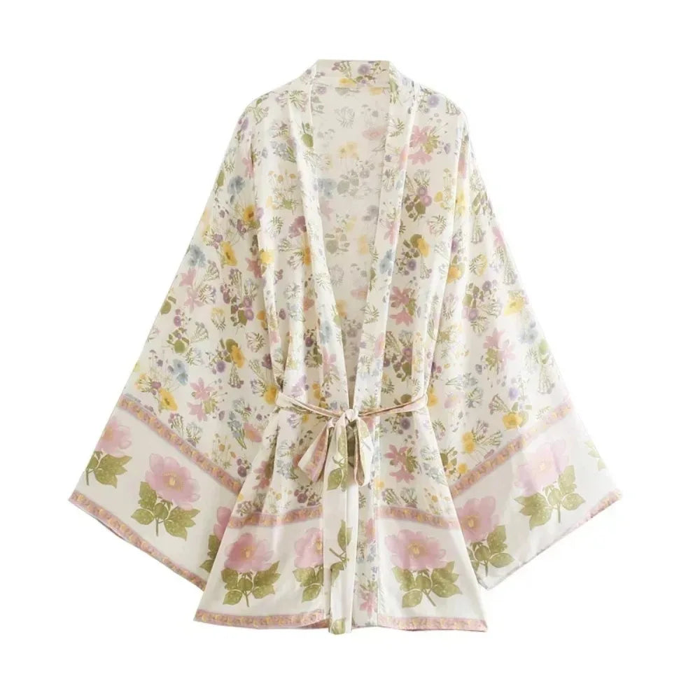 Happie Queens Women Floral Print Sashes Bat Sleeve Beach Bohemian Kimono Dresses Ladies V Neck  Summer Bikini Boho Cover-ups - Matrix Studios