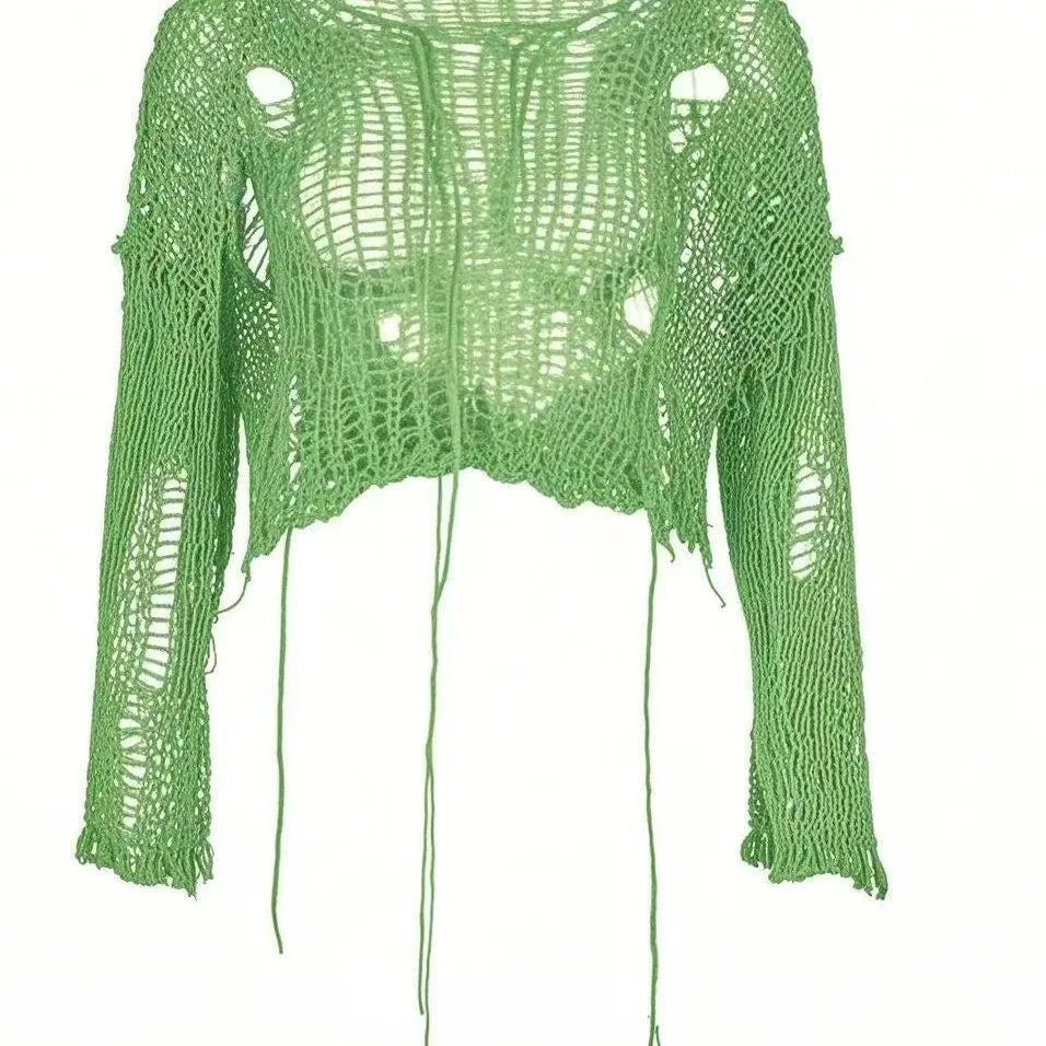 Y2k Cropped Hole Sweater Sexy Gyaru Hollow Out Knit Pullovers Goth Korean Long Sleeve Jumper Summer Fashion Sheer Knitwears Tops - Matrix Studios