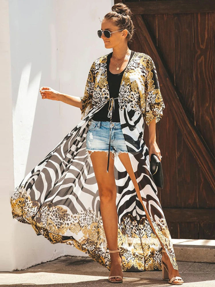 Bikini Cover Up Chiffon Beach Kimono Women Leopard Printed Long Cape for Swimsuit Tunic Summer Beach Wear Factory Supply - Matrix Studios