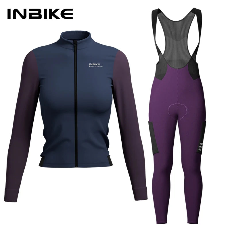 INBIKE Warm Thermal Cycling Jersey Set for Women Comfortable Fleece Road Bike Bib Pants Windproof Road MTB Clothing with Pockets - Matrix-studios.com
