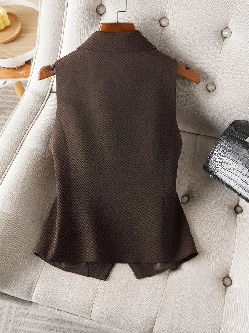 Vintage Women's Brown Custom Waistcoat Sleeveless Lapel Suit Vest Daily Commute Button Slim Design, Casual All Fold Wear - Matrix Studios