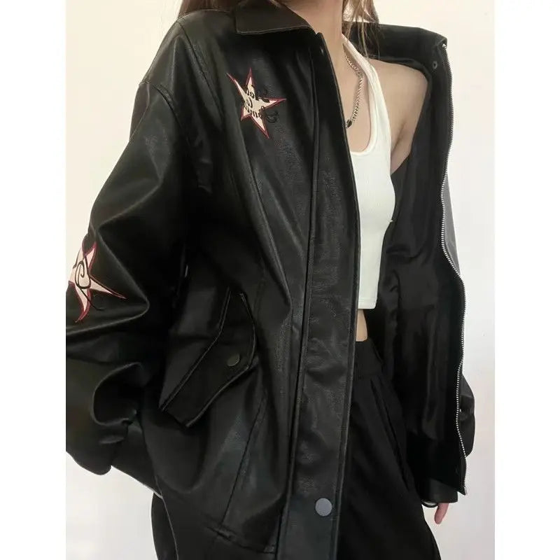 Autumn American Vintage Embroidered Leather Jacket Women Black PU Faux Fur Coat Letter Jaqueta Chaquetas Mujer - Matrix Studios