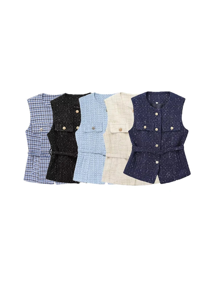 Women's Tweed Waistcoat with Belt, O Neck, Sleeveless, Front Button, Female Outerwear, Chic Tops, Fashion - Matrix Studios