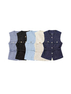 Women's Tweed Waistcoat with Belt, O Neck, Sleeveless, Front Button, Female Outerwear, Chic Tops, Fashion - Matrix Studios