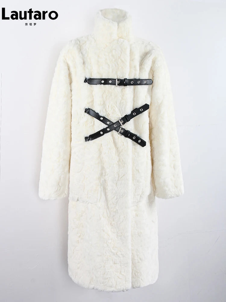 Lautaro Winter Cool Long Loose Casual Soft Thick Warm Black Fuzzy Faux Fur Coat Women Stand Collar Punk Style Fluffy Jacket 2023 - Matrix Studios