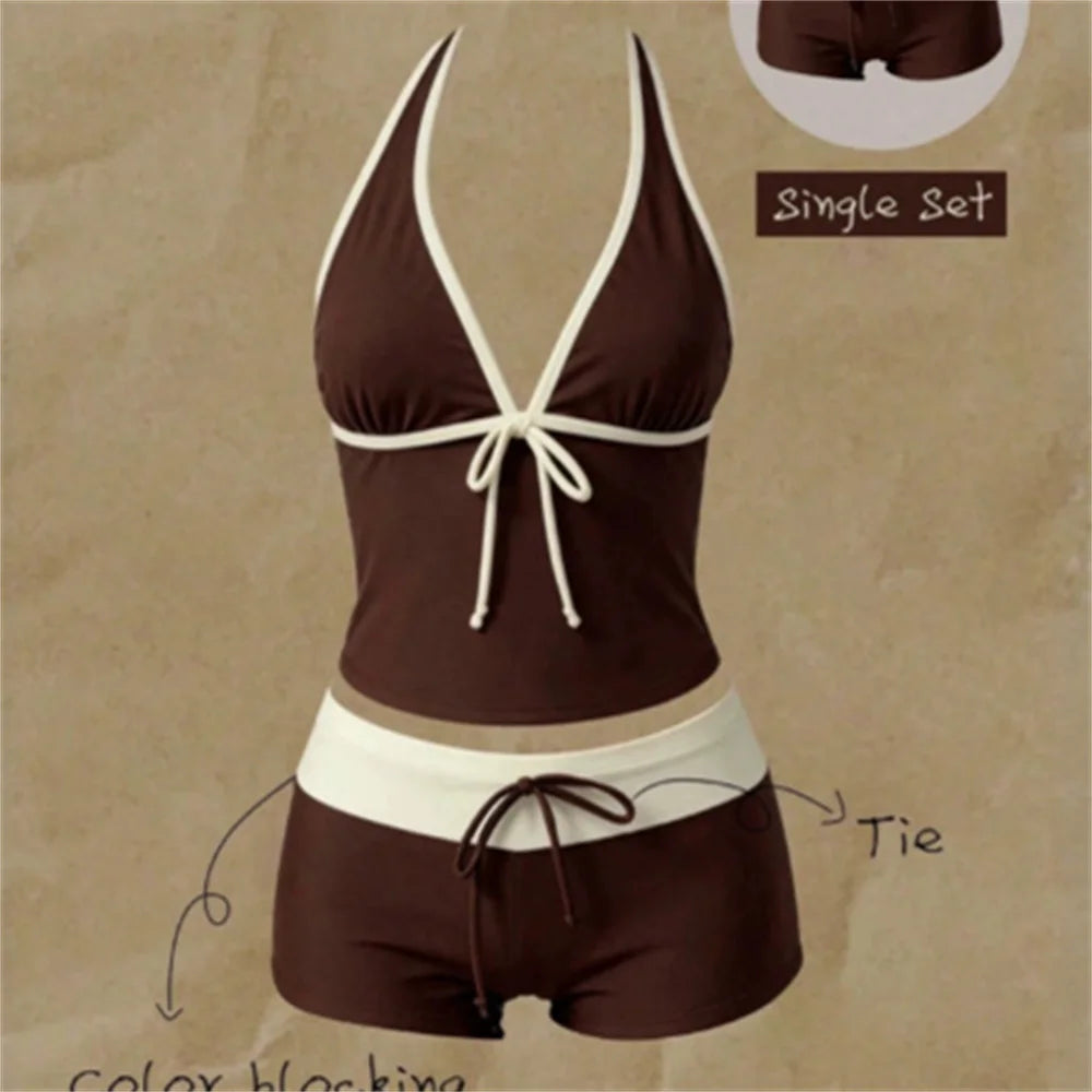 Vintage Color Block Patchwork Bikini Swimsuit Womens Bikinis and Tankinis Backless Knotted Vacation Swimwear Beach Outfit Shorts - Matrix-studios.com