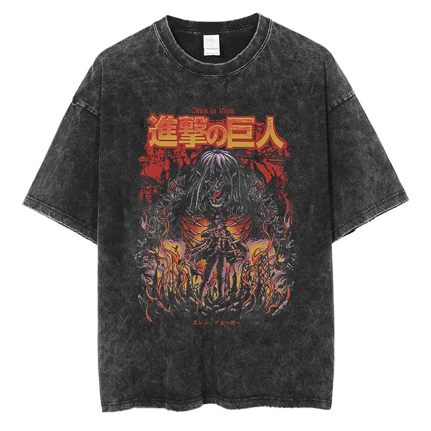 Anime Attack on Titan Vintage Washed Print T-shirt Mikasa Ackerman Eren Jaeger Wings of Freedom Logo Mens Summer Cotton T-shirts - Matrix Studios
