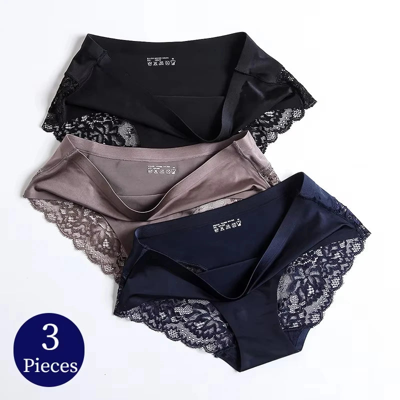 3pcs Lace Women's Panties French Seamless Underwear Female Ice Silk Briefs Solid Color Breathable Underpants Lingerie - Matrix Studios