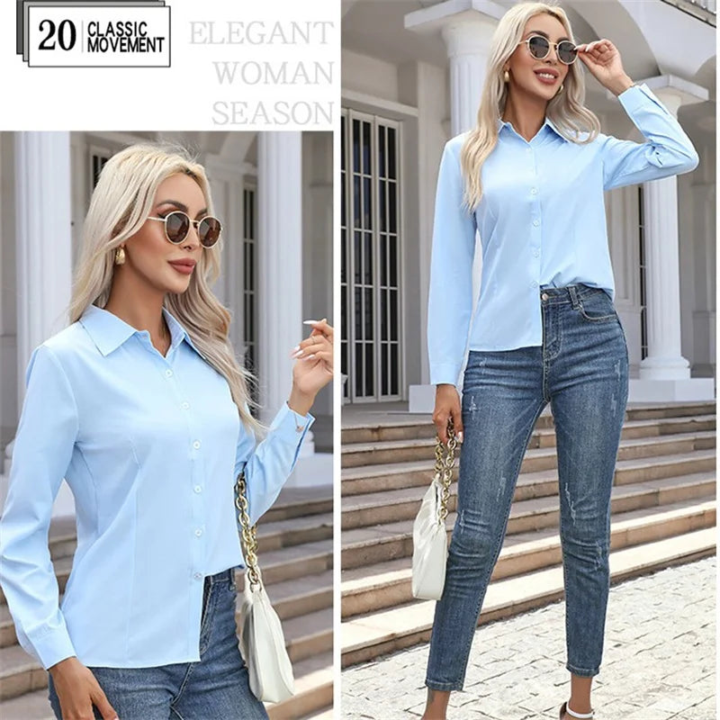 Women Spring Autumn Style Blouses Shirts Lady Casual Long Sleeve Turn-down Collar Solid Color Blouse Tops - Matrix-studios.com