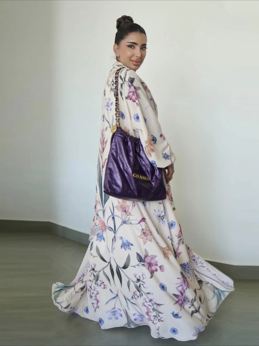 Eid Women Abaya Flower Print Open Cardigan Scarf Party Dress Muslim Long Sleeve Jalabiya Ramadan Abayas Kaftan Arab Long Robe - Matrix-studios.com