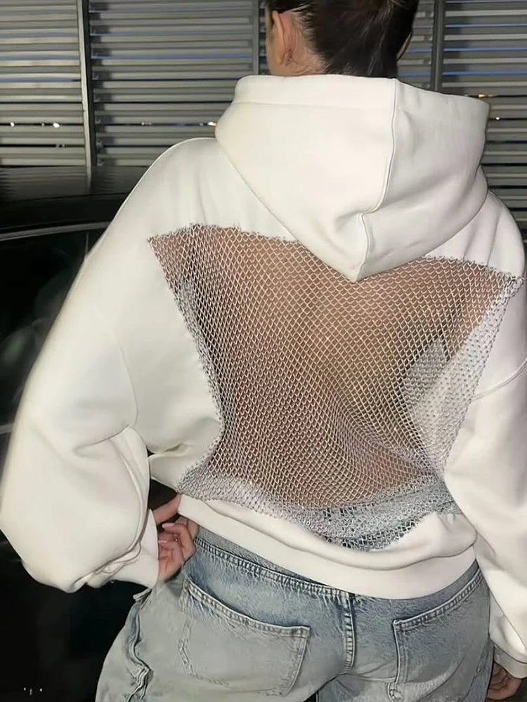 Weird Puss Harajuku Hooded Sweatshirt Women Autumn Trend Backless Glitter Mesh Patchwork Casual Streetwear Hipster Pulloverr - Matrix Studios