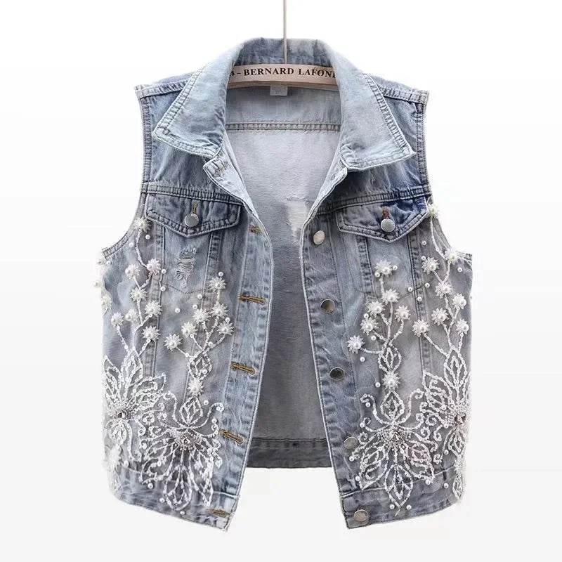 fashion Lace Beaded Denim Vest Women Cardigan 2026 New spring  Sleeveless Jacket Fashion Loose Vintage jeans Waistcoat tide R359 - Matrix Studios